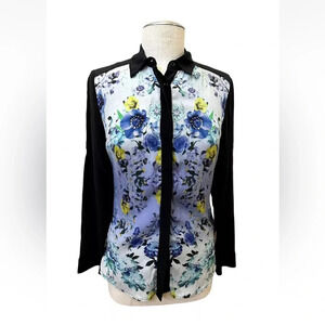[L] GUESS by Marciano Women's Floral Silk Blouse Button Down Collared